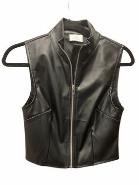 Black Faux Leather Zip Front Moto Vest Minimalist Top